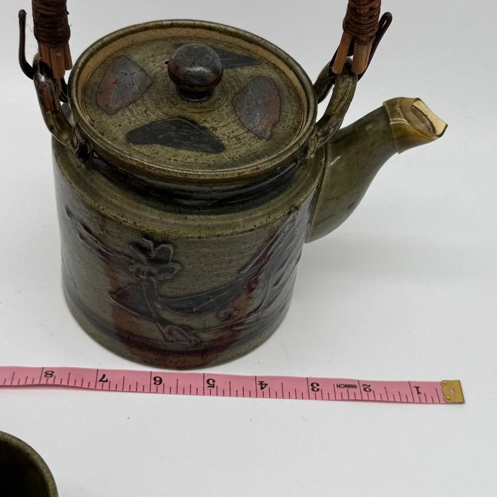 Vintage Japanese Studio Pottery Teapot 3 Cup Set Wabi Sabi Reed Cane Handle